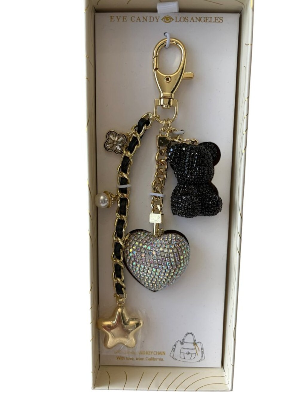 Eye Candy Los Angeles Sparkling Bear & Heart Bag Charm.
